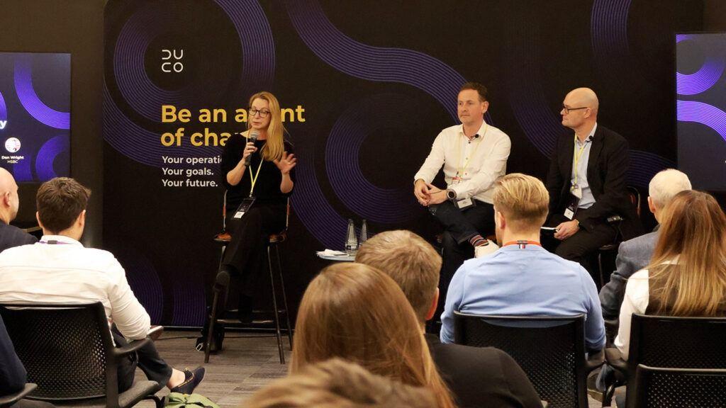 Cressida Hamilton moderates a discussion between Daniel Wright, HSBC (centre) and Chris Wells, Nomura (right)